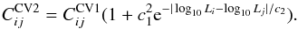Mathematical equation: \appendix \setcounter{section}{1} \begin{eqnarray} C^{\rm CV2}_{ij} = C^{\rm CV1}_{ij} ( 1 + c_1^2 {\rm e}^{-|\log_{10} L_i-\log_{10} L_j|/c_2} ). \label{eq:LSSCov2} \end{eqnarray}