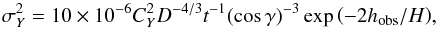 Mathematical equation: \begin{equation} \sigma_{Y}^2 = 10\times10^{-6}C_Y^2 D^{-4/3}t^{-1}(\cos{\gamma})^{-3} \exp{\left(-2h_\mathrm{obs}/H\right)}, \label{scieq} \end{equation}
