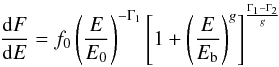 Mathematical equation: \begin{eqnarray} \frac{{\rm d}F}{{\rm d}E}= f_{0} \left(\frac{E}{E_{0}}\right)^{-\Gamma_{1}}\left[1+ \left( \frac{E}{E_{\rm b}} \right)^{g} \right]^{\frac{\Gamma_{1}-\Gamma_{2}}{g}} \end{eqnarray}