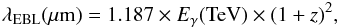 Mathematical equation: \begin{eqnarray} \lambda_{\rm EBL}(\mu \text{m}) = 1.187 \times E_{\gamma}(\text{TeV}) \times (1+z)^{2} , \end{eqnarray}