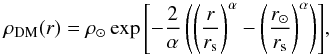 Mathematical equation: \begin{equation} \rho_\mathrm{DM}(r) = \rho_\odot\exp{\left[ -\frac{2}{\alpha} \left( \left(\frac{r}{r_\mathrm{s}} \right)^\alpha -\left(\frac{r_\odot}{r_\mathrm{s}} \right)^\alpha \right) \right]} , \end{equation}