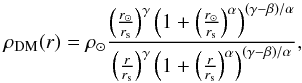Mathematical equation: \begin{equation} \rho_\mathrm{DM}(r) = \rho_\odot \frac{ \left( \frac{r_\odot}{r_\mathrm{s}}\right)^\gamma \left(1+\left( \frac{r_\odot}{r_\mathrm{s}} \right)^\alpha \right)^{(\gamma-\beta)/\alpha} }{\left( \frac{r}{r_\mathrm{s}}\right)^\gamma \left(1+\left( \frac{r}{r_\mathrm{s}} \right)^\alpha \right)^{(\gamma-\beta)/\alpha}} , \end{equation}