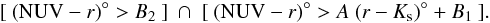 Mathematical equation: \begin{equation} [~ ( {\rm NUV}-r )^{\circ} > B_2 ~]~\cap~[~ ( {\rm NUV}-r )^{\circ} > A ~ ( r-K_{\rm s} )^{\circ} + B_1 ~]. \label{eq_NrK} \end{equation}