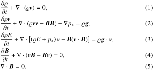 Mathematical equation: \begin{eqnarray} \label{eq1} &&\frac{\partial \varrho}{\partial t} + \nabla \cdot(\varrho \vec{v}) = 0, \\ \label{eq2} &&\frac{\partial \varrho \vec{v}}{\partial t} + \nabla \cdot \left(\varrho \vec{v} \vec{v} -\vec{B}\vec{B}\right) + \nabla p_{*}=\varrho \vec{g}, \\ \label{eq3} &&\frac{\partial \varrho E}{\partial t} + \nabla \cdot \left[\left(\varrho E+p_{*}\right)\vec{v} - \vec{B}(\vec{v} \cdot \vec{B})\right] = \varrho \vec{g} \cdot \vec{v}, \\ \label{eq4} &&\frac{\partial \vec{B}}{\partial t} + \nabla \cdot (\vec{v}\vec{B}-\vec{B}\vec{v})=0, \\ \label{eq5} &&\nabla\cdot\vec{B}=0. \end{eqnarray}