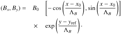 Mathematical equation: \begin{eqnarray} \label{eq14} (B_x,B_y) =&B_0&\left[-\cos\left(\frac{x-x_0}{\Lambda_B}\right),\sin\left(\frac{x-x_0}{\Lambda_B}\right)\right] \nonumber \\ &\times&\exp\left(\frac{y-y_\mathrm{ref}}{\Lambda_B}\right)\cdot \end{eqnarray}