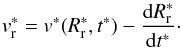 Mathematical equation: \appendix \setcounter{section}{1} \begin{equation} \label{v_r_eq} v^{*}_{\rm r} = v^*(R^*_{\rm r}, t^*) - \frac{{\rm d} R^*_{\rm r}}{{\rm d} t^*}\cdot \end{equation}