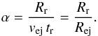 Mathematical equation: \begin{equation} \label{beta_eq} \alpha = \frac{R_{\rm r}}{v_{\rm ej}\,t_{\rm r}} = \frac{R_{\rm r}}{R_{\rm ej}}. \end{equation}