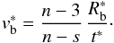 Mathematical equation: \begin{equation} \label{blast_velocity_envelope_eq} v^{*}_{\rm b} = \frac{n-3}{n-s}\,\frac{R^{*}_{\rm b}}{t^{*}}\cdot \end{equation}