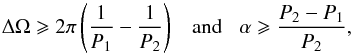 Mathematical equation: \begin{equation} \Delta\Omega \geqslant 2\pi\left(\frac{1}{P_1} - \frac{1}{P_2} \right) \;\;\;\mbox{and} \;\;\; \alpha \geqslant \frac{P_2 - P_1}{P_2} , \label{eq:domega_alpha} \end{equation}