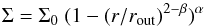 Mathematical equation: \begin{equation} \Sigma = \Sigma_0 \ (1 - (r/r_{\rm out})^{2-\beta})^{\alpha} \label{Ferrer} \end{equation}