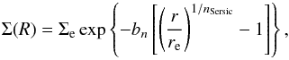 Mathematical equation: \begin{equation} \Sigma(R)=\Sigma_{\rm e}\exp\left\lbrace-b_n\left[\left(\frac{r}{r_{\rm e}}\right)^{1/n_{\rm Sersic}}-1\right]\right\rbrace, \label{Sersic} \end{equation}