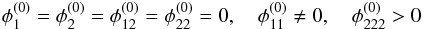 Mathematical equation: \begin{equation} \phi_1^{(0)} = \phi_2^{(0)} = \phi_{12}^{(0)} = \phi_{22}^{(0)} = 0 ,\quad \phi_{11}^{(0)} \ne 0 ,\quad \phi_{222}^{(0)} > 0 \label{eq:conditions_fold} \end{equation}
