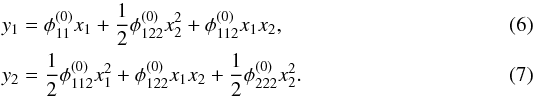 Mathematical equation: \begin{eqnarray} y_1 &=& \phi_{11}^{(0)}x_{1} + \dfrac12\phi_{122}^{(0)}x_{2}^2 + \phi_{112}^{(0)}x_{1}x_{2}, \label{eq:fold_le1} \\ y_2 &=& \dfrac12\phi_{112}^{(0)}x_{1}^2 + \phi_{122}^{(0)}x_{1}x_{2} + \dfrac12\phi_{222}^{(0)}x_{2}^2. \label{eq:fold_le2} \end{eqnarray}