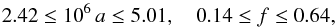 Mathematical equation: \begin{equation} 2.42 \le 10^6\,a \le 5.01 ,\quad 0.14 \le f \le 0.64 \label{eq:SIE_model_parameters_B1422} , \end{equation}