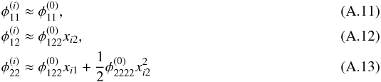 Mathematical equation: \appendix \setcounter{section}{1} \begin{eqnarray} \phi_{11}^{(i)} &\approx \phi_{11}^{(0)} , \\ \phi_{12}^{(i)} &\approx \phi_{122}^{(0)}x_{i2} , \\ \phi_{22}^{(i)} &\approx \phi_{122}^{(0)}x_{i1} + \dfrac12 \phi_{2222}^{(0)}x_{i2}^2 \end{eqnarray}
