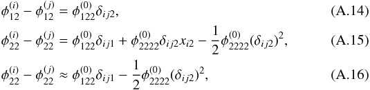 Mathematical equation: \appendix \setcounter{section}{1} \begin{eqnarray} \phi_{12}^{(i)} - \phi_{12}^{(j)} &= \phi_{122}^{(0)}\delta_{ij2} , \\ \phi_{22}^{(i)} - \phi_{22}^{(j)} &= \phi_{122}^{(0)}\delta_{ij1} + \phi_{2222}^{(0)}\delta_{ij2}x_{i2} - \dfrac12 \phi_{2222}^{(0)}(\delta_{ij2})^2 , \\ \phi_{22}^{(i)} - \phi_{22}^{(j)} &\approx \phi_{122}^{(0)}\delta_{ij1} - \dfrac12 \phi_{2222}^{(0)}(\delta_{ij2})^2 , \end{eqnarray}
