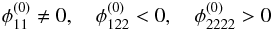 Mathematical equation: \begin{equation} \phi_{11}^{(0)} \ne 0 ,\quad \phi_{122}^{(0)} < 0 , \quad \phi_{2222}^{(0)} > 0 \label{eq:conditions_cusp_2} \end{equation}