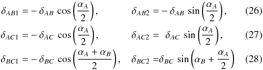 Mathematical equation: \begin{eqnarray} \delta_{AB1} &=& -\delta_{AB} \, \cos\left(\dfrac{\alpha_A}{2}\right), \delta_{AB2} = -\delta_{AB} \, \sin \left(\dfrac{\alpha_A}{2}\right) , \label{eq:cusp_trigonometry1}\\ \delta_{AC1} &=& -\delta_{AC} \, \cos\left(\dfrac{\alpha_A}{2}\right), \delta_{AC2} = \phantom{-} \delta_{AC} \, \sin \left(\dfrac{\alpha_A}{2}\right) , \\ \delta_{BC1} &=& - \delta_{BC} \, \cos\left(\dfrac{\alpha_A + \alpha_B}{2}\right), \delta_{BC2} = \delta_{BC} \, \sin\left(\alpha_B + \dfrac{\alpha_A}{2}\right) \label{eq:cusp_trigonometry2} \end{eqnarray}
