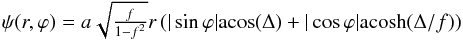 Mathematical equation: \begin{equation} \psi(r,\varphi) = a\sqrt{\tfrac{f}{1-f^2}}r\left( |\sin\varphi|\mathrm{acos}(\Delta) + |\cos\varphi|\mathrm{acosh}(\Delta/f) \right) \label{eq:sie_potential} \end{equation}