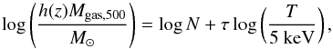 Mathematical equation: \begin{equation} \log \left( \frac{h(z)M_{{\rm gas},500}}{M_\odot} \right) = \log N + \tau \log \left( \frac{T}{5~{\rm keV}} \right) , \end{equation}