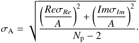 Mathematical equation: \appendix \setcounter{section}{2} \begin{equation} \sigma_{\rm A} = \sqrt{ \dfrac{\left(\dfrac{Re \sigma_{Re}}{A}\right)^2 + \left(\dfrac{Im \sigma_{Im}}{A}\right)^2 }{N_{\rm p} - 2}}\cdot \end{equation}