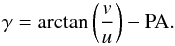 Mathematical equation: \appendix \setcounter{section}{2} \begin{equation} \gamma = \arctan\left(\frac{v}{u}\right) - {\rm PA} . \end{equation}