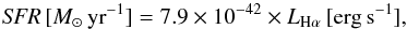 Mathematical equation: \begin{equation} \label{eq:kennicuttHa} {\it SFR}\,[M_{\odot} \,{\rm yr}^{-1}] = 7.9 \times 10^{-42} \times L_{\rm H\alpha}\,\rm [erg\,s^{-1}], \end{equation}