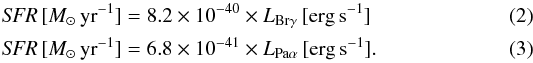 Mathematical equation: \begin{eqnarray} \label{eq:kennicuttPa} {\it SFR}\,[M_{\odot} \rm \,yr^{-1}] &=& 8.2 \times 10^{-40} \times L_{\rm Br\gamma}\,\rm [erg\,s^{-1}]\\ \label{eq:kennicuttBrg} {\it SFR}\,[M_{\odot} \rm \,yr^{-1}] &=& 6.8 \times 10^{-41} \times L_{\rm Pa\alpha}\,\rm [erg\,s^{-1}]. \end{eqnarray}