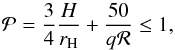 Mathematical equation: \begin{equation} \mathcal{P} = \frac{3}{4} \frac{H}{r_{\rm H}} + \frac{50}{q \mathcal{R}} \leq 1 ,\label{eq:gapopen} \end{equation}