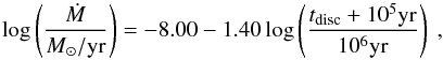 Mathematical equation: \begin{equation} \label{eq:harttimenew} \log \left( \frac{\dot{M}}{M_\odot /\text{yr}} \right) = -8.00 - 1.40 \log \left( \frac{t_{\rm disc}+10^5\text{yr}}{10^6 \text{yr}} \right) \ , \end{equation}
