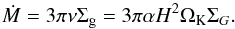 Mathematical equation: \begin{equation} \label{eq:Mdot} \dot{M} = 3 \pi \nu \Sigma_{\rm g} = 3 \pi \alpha H^2 \Omega_{\rm K} \Sigma_G . \end{equation}