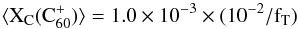 Mathematical equation: \begin{equation} {\rm \langle X_{C}(C_{60}^+)\rangle =1.0 \times 10^{-3} \times (10^{-2}/f_{T})} \end{equation}