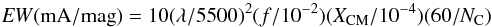 Mathematical equation: \begin{equation} {\it EW}({\rm mA/mag})=10(\lambda/5500)^2(f/10^{-2})(X_{\rm CM}/10^{-4})(60/N_{\rm C}) \end{equation}