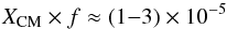 Mathematical equation: \begin{equation} {X_{\rm CM}\times f} \approx (1{-}3)\times 10^{-5} \end{equation}