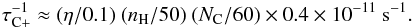 Mathematical equation: \appendix \setcounter{section}{1} \begin{eqnarray} \tau^{-1}_{\rm C+} \approx (\eta/0.1)~(n_{\rm H}/50)~(N_{\rm C}/60)\times 0.4\times 10^{-11}~{\rm s}^{-1}. \end{eqnarray}