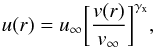 Mathematical equation: \begin{equation} \label{jump_velo} u(r) = u_{\infty} \biggl[\frac{v(r)}{\vinf}\biggr]^{\gamma_{\rm x}} , \end{equation}