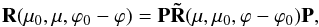Mathematical equation: \begin{equation} \label{reciprocity} {\bf R}(\mu_{0}, \mu, \varphi_{0}-\varphi)= {\bf P\tilde{R}}(\mu, \mu_{0}, \varphi-\varphi_{0}){\bf P} , \end{equation}