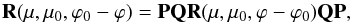 Mathematical equation: \begin{equation} \label{mirror} {\bf R}(\mu, \mu_{0}, \varphi_{0}-\varphi)={\bf PQR}(\mu, \mu_{0}, \varphi-\varphi_{0}){\bf QP}, \end{equation}