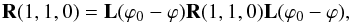 Mathematical equation: \begin{equation} \label{perpendicular6} {\bf R}(1, 1, 0)={\bf L}(\varphi_{0}-\varphi){\bf R}(1,1,0){\bf L}(\varphi_{0}-\varphi), \end{equation}