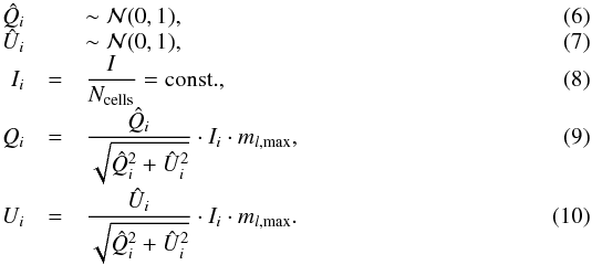 Mathematical equation: \begin{eqnarray} \label{eq:randomQ} \hat{Q}_i &&\sim \mathcal{N}(0, 1), \\[-1mm] \label{eq:randomU} \hat{U}_i &&\sim \mathcal{N}(0, 1), \\[-1mm] \label{eq:constI} I_i &=& \frac{I}{N_\mathrm{cells}} = \mathrm{const.}, \\[-1mm] \label{eq:normQ} Q_i &=&\frac{\hat{Q}_i}{\sqrt{\hat{Q}_i^2 + \hat{U}_i^2}} \cdot I_i \cdot m_{l, \mathrm{max}}, \\[-1mm] \label{eq:normU} U_i &=& \frac{\hat{U}_i}{\sqrt{\hat{Q}_i^2 + \hat{U}_i^2}} \cdot I_i \cdot m_{l, \mathrm{max}}. \end{eqnarray}