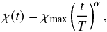 Mathematical equation: \appendix \setcounter{section}{2} \begin{equation} \chi(t) = \chi_\mathrm{max} \left(\frac{t}{T}\right)^\alpha, \end{equation}