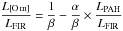Mathematical equation: \hbox{$\displaystyle \frac{{L}_{\text{\OIII}}}{\text{\Lfir}} = \frac{1}{\beta} -\frac{\alpha}{\beta}\times \frac{\text{\Lpah}}{\text{\Lfir}} $}