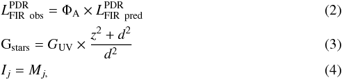 Mathematical equation: \begin{eqnarray} &&\text{\Lpdr}_{\rm obs} = \Phi_{\rm A} \times \text{\Lpdr}_{\rm pred}\\ &&{\rm G}_{\rm stars} = \text{\go} \times \frac{z^2+d^2}{d^2}\\ &&I_{j} = M_{j,} \end{eqnarray}