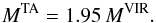 Mathematical equation: \begin{equation} M^{\rm TA} = 1.95\,M^{\rm VIR}. \end{equation}