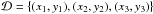 Mathematical equation: \hbox{$\mathcal{D} = \{ (x_{1},y_{1}),(x_{2},y_{2}),(x_{3},y_{3}) \}$}