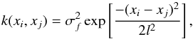 Mathematical equation: \begin{equation} k(x_{i}, x_{j}) = \sigma^{2}_{f} \exp \left[ \dfrac{-(x_{i}-x_{j})^{2}}{2l^{2}} \right], \label{eq:SqExpKernel} \end{equation}