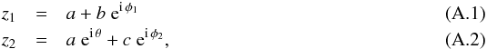 Mathematical equation: \appendix \setcounter{section}{1} \begin{eqnarray} z_1 & = & a + b\; \e^{{\rm i}\, \phi_1} \\ z_2 & = & a\; \e^{{\rm i}\, \theta} + c\; \e^{{\rm i}\, \phi_2}, \end{eqnarray}