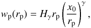 Mathematical equation: \begin{equation} \label{eq:wp_model} w_{\rm p}(r_{\rm p})=H_\gamma r_{\rm p} \left(\frac{x_0}{r_{\rm p}}\right)^{\gamma} , \end{equation}