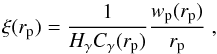 Mathematical equation: \begin{equation} \label{eq:corr} \xi(r_{\rm p})=\frac{1}{H_\gamma C_{\gamma}(r_{\rm p})} \frac{w_{\rm p}(r_{\rm p})}{r_{\rm p}} \;, \end{equation}