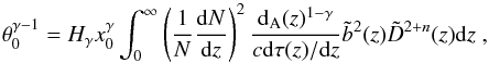 Mathematical equation: \begin{equation} \label{eq:inv22} \theta_0^{\gamma-1} =H_{\gamma}x_0^{\gamma} \int_{0}^{\infty} \left(\frac{1}{N}\frac{{\rm d}N}{{\rm d}z}\right)^2 \frac{ {\rm d}_{\rm A}(z)^{1-\gamma}}{c {\rm d}\tau(z)/{\rm d}z} {\tilde b^2}(z) {\tilde D}^{2+n}(z) {\rm d}z \;, \end{equation}